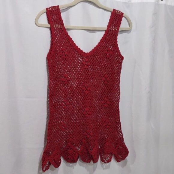Red Crochet V Neck Tank Top with Scalloped Hem - Picture 1 of 5